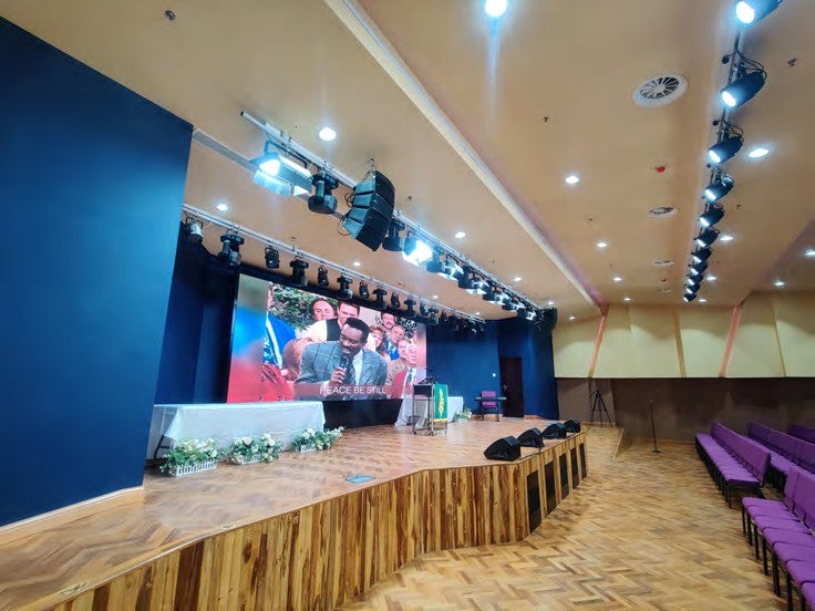 LED screen and stage lighting in the sanctuary of Wesleyan Church, Ghana